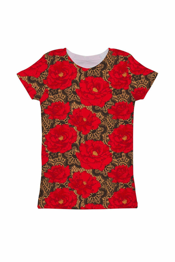 Hot Tango Zoe Red Floral Print Cute Designer T-Shirt - Girls-Hot Tango-18M/2-Red/Black/Lace-JadeMoghul Inc.