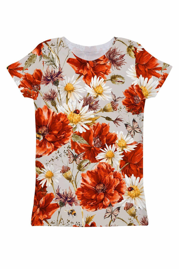 In the Wheat Field Zoe Floral Print Designer T-Shirt - Women-In The Wheat Field-XS-Grey/Red/White-JadeMoghul Inc.