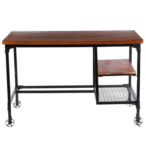 Industrial Style Wooden Desk With Two Bottom Shelves, Brown And Black-Desks and Hutches-Brown and Black-Wood and Metal-JadeMoghul Inc.