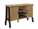 Industrial Style Wooden Server with Two Cabinets and Two Wine Bottle Racks, Brown and Black-Cabinet and Storage chests-Brown and Black-Solid Wood Wood Veneer and Metal-JadeMoghul Inc.