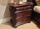 Intricately Carved Wooden Night stand with Antique Brass Handles, Cherry Brown-Nightstands and Bedside Tables-Brown-Wood-JadeMoghul Inc.