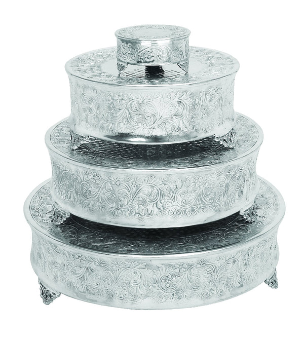 Intricately Designed Aluminum Cake Stand, Set Of Four, Silver-Dessert and Cake Stands-Silver-Aluminum-JadeMoghul Inc.