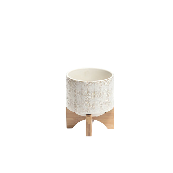Intricately Designed Round Ceramic Planter with Wooden Stand, Small, White and Brown