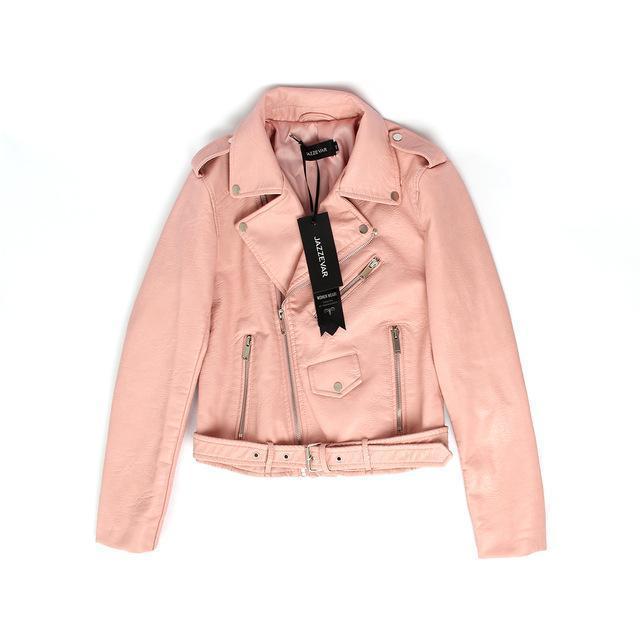 JAZZEVAR New Autumn Fashion Street Women's Short Washed PU Leather Jacket Zipper Bright Colors Ladies Basic Jackets Good Quality-Pink-XS-JadeMoghul Inc.