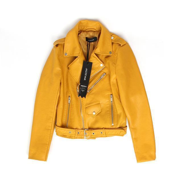 JAZZEVAR New Autumn Fashion Street Women's Short Washed PU Leather Jacket Zipper Bright Colors Ladies Basic Jackets Good Quality-Yellow-XS-JadeMoghul Inc.