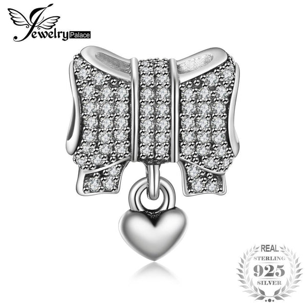 Jewelrypalace 925 Sterling Silver Cluster Cubic Zirconia Bowknot Dangle Heart Beads Charms Fit Bracelets Gifts For Her Jewelry--JadeMoghul Inc.