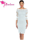 Ladies Slash Neck Lace Pencil Dress-White-L-JadeMoghul Inc.