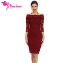 Ladies Slash Neck Lace Pencil Dress-Wine-L-JadeMoghul Inc.