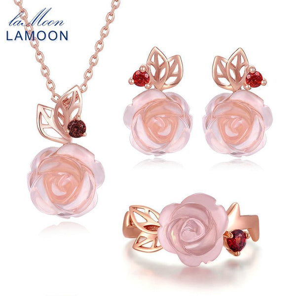 LAMOON FlowerRose Natural Pink Rose Quartz made with 925 Sterling Silver Jewelry Jewelry Set V033-1--JadeMoghul Inc.