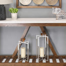 Lanterns White Lantern - 6" X 6" X 12" Grey White Metal Faux Leather Tab Farmhouse Lantern HomeRoots