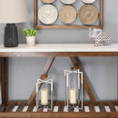Lanterns White Lantern - 6" X 6" X 16" Grey White Metal Faux Leather Tab Farmhouse Lantern HomeRoots