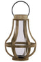 Wood Bellied Metal Handle Lantern With Hurricane Candle Holder, Large, Brown