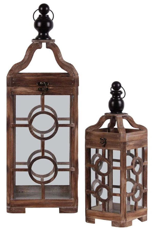 Wooden Lantern With Metal Round Finial Top , Set of 2, Brown
