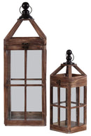 Wooden Square Lantern With Metal Round Finial Top, Ring Handle, Set of 2, Brown