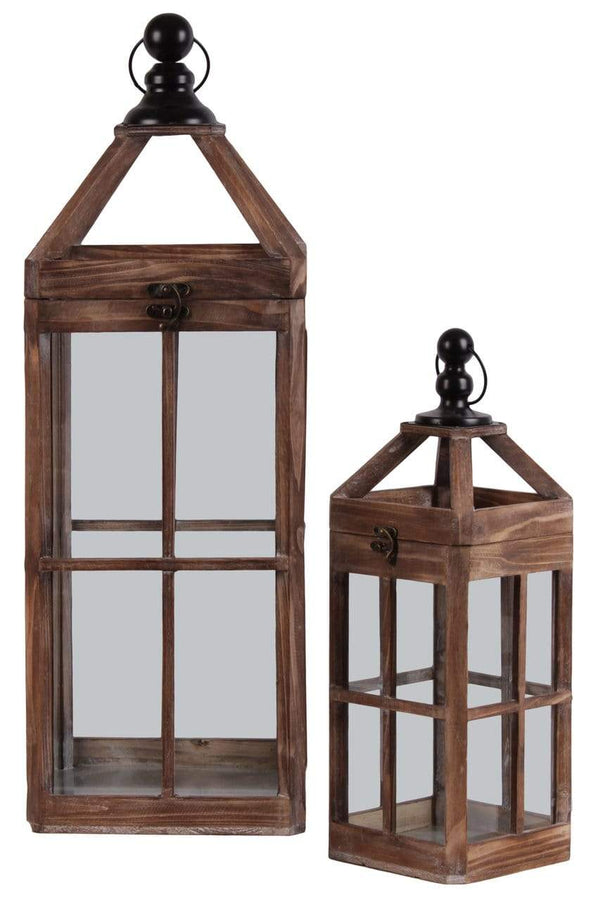 Wooden Square Lantern With Metal Round Finial Top, Ring Handle, Set of 2, Brown