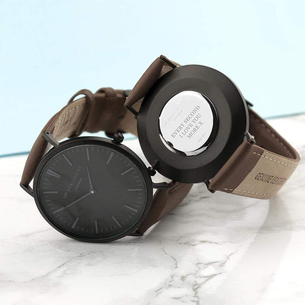 Leather Gifts & Accessories Men's Modern-Vintage Personalised Watch With Black Face in Brown Treat Gifts