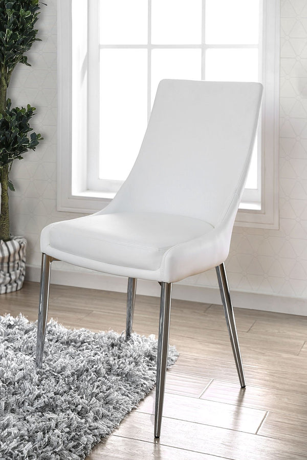 Leatherette Upholstered Metal Side Chair with Tapered Legs, Pack of Two, White and Silver-Living Room Furniture-White and Silver-Faux Leather Metal-JadeMoghul Inc.