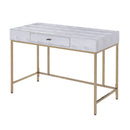 Leatherette Upholstered Vanity desk with Metal Base and Floor Protectors, Silver and Gold-Desks-Silver and Gold-Metal, Faux Leather, Veneer, Engineered Wood-JadeMoghul Inc.
