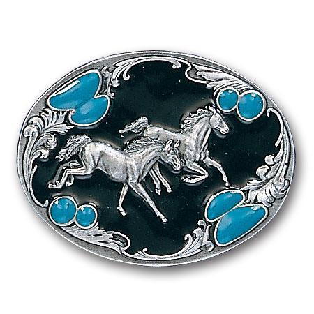 Licensed Sports Originals-Western-Horses - Horses with Turquoise Stones Enameled Belt Buckle-Jewelry & Accessories,Buckles,Enameled Buckles,-JadeMoghul Inc.