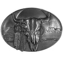 Licensed Sports Originals-Western-Skulls - Buffalo Skull/Feathers Antiqued Belt Buckle-Jewelry & Accessories,Buckles,Antiqued Buckles-JadeMoghul Inc.