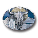 Licensed Sports Originals-Western-Skulls - Buffalo Skull/Feathers Enameled Belt Buckle-Jewelry & Accessories,Buckles,Enameled Buckles,-JadeMoghul Inc.