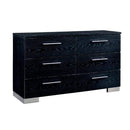 Living Room Furniture Six Drawer Solid Wood Dresser with Chrome Bar Handles and Bracket Legs, Black Benzara