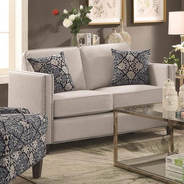 Transitional Woven Fabric & Wood Loveseat With Nailhead Trim, White