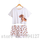 Loose Pajama Sets Women Cute Dachshund Print 2 Pieces Set Cotton T shirt Top + Shorts Elastic Waist Plus Size White Pink S6706-White dachshund set-S-JadeMoghul Inc.