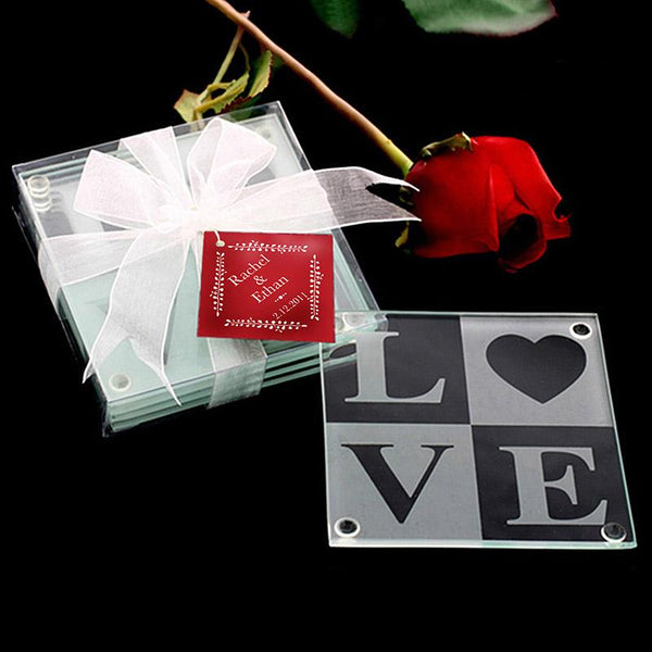 LOVE Glass Coaster Gift Set with Ribbon and Thank You Tag-Boy Wedding / Ring bearer-JadeMoghul Inc.
