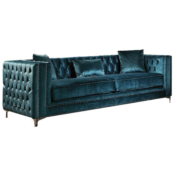 Luxurious Velvet Sofa with 3 Pillows, Blue-Sofas-Blue-Teal Blue-JadeMoghul Inc.