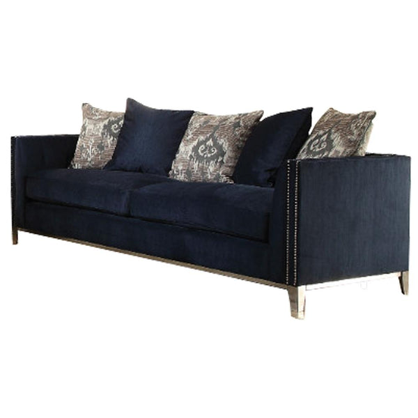 Majestic Sofa with 5 Pillows, Blue-Sofas-Blue-UpholsteryMetalBase-JadeMoghul Inc.