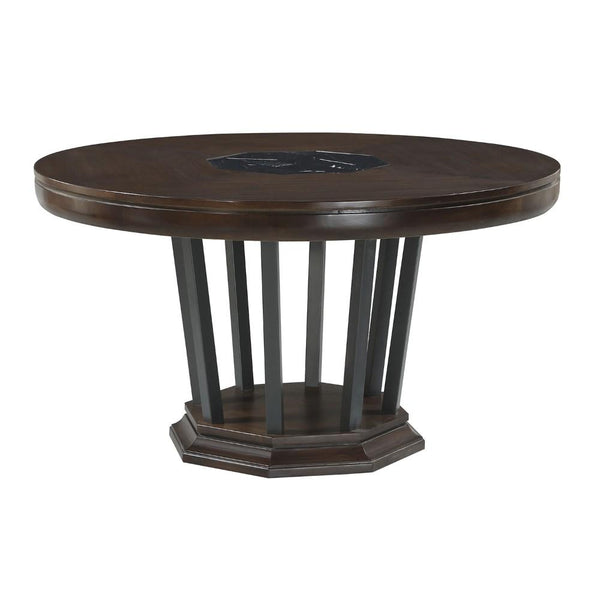 Marble Inserted Wooden Dining Table with Single Pedestal, Brown-Dining Furniture-Brown-Wood Marble and Metal-JadeMoghul Inc.