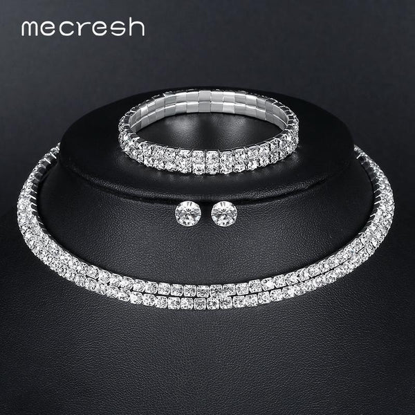 Mecresh Silver Color Circle Crystal Bridal Jewelry Sets African Beads Rhinestone Wedding Necklace Earrings Bracelet Sets 3TL002-Double Row-JadeMoghul Inc.