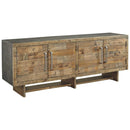 Media Storage Cabinets & Racks Roomy Wooden TV Stand with Faux Metal Top and Sides, Extra Large, Brown and Silver Benzara