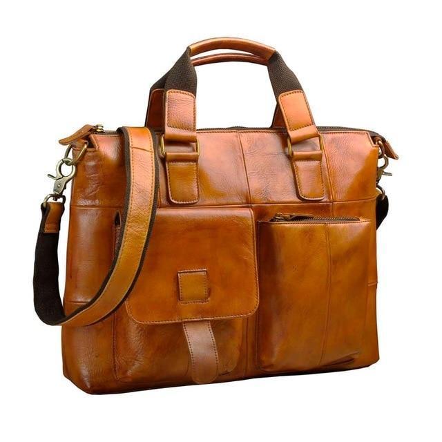 Men Genuine Leather Antique Retro Business Briefcase 15.6" Laptop Case Attache Portfolio Bag One Shoulder Messenger Bag-light brown-JadeMoghul Inc.