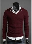 Men Smart Casual Slim Sweater / Men Thin Solid V-Neck Sweater-Wine red-M-JadeMoghul Inc.