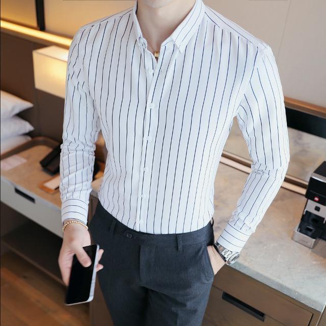 Men's Contrast Vertical Striped Dress Shirts High-quality Comfortable Cotton Long Sleeve Slim-fit Smart Casual Button-down Shirt-Beige-Asian size M-JadeMoghul Inc.