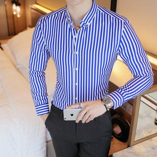 Men's Contrast Vertical Striped Dress Shirts High-quality Comfortable Cotton Long Sleeve Slim-fit Smart Casual Button-down Shirt-Blue-Asian size M-JadeMoghul Inc.