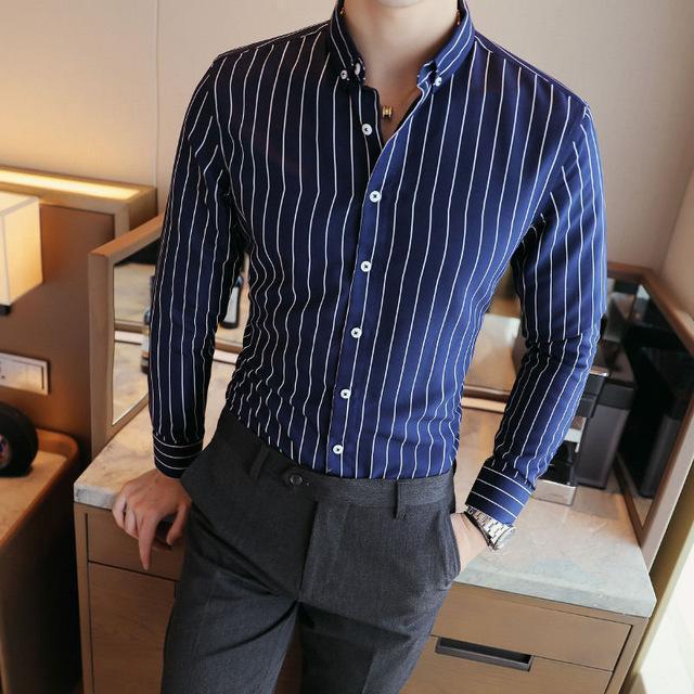 Men's Contrast Vertical Striped Dress Shirts High-quality Comfortable Cotton Long Sleeve Slim-fit Smart Casual Button-down Shirt-Navy Blue-Asian size M-JadeMoghul Inc.