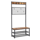 Metal Coat Rack with Wooden Bench, Two Mesh Shelves and Grid Panel, Brown and Black