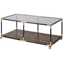 Metal Frame Coffee Table with Glass Top and Wooden Bottom Shelf, Multicolor-Coffee Tables-Multicolor-Metal Glass and Wood-JadeMoghul Inc.