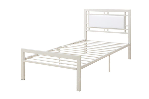 Metal Frame Full Bed With Leather Upholstered Headboard, White-Platform Beds-White-MetalFaux Leather-JadeMoghul Inc.