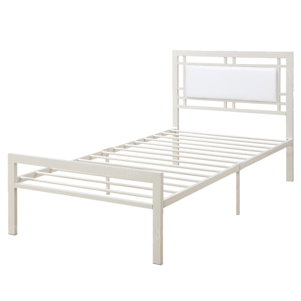 Metal Frame Twin Bed With Leather Upholstered Headboard, White-Platform Beds-White-Metal Faux Leather-JadeMoghul Inc.