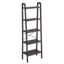 Metal Framed Ladder Style Storage Shelf with Five Wooden Shelves, Brown and Black