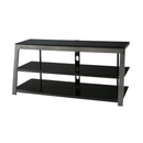 Metal Framed TV Stand with Tempered Glass Shelves and Top, Black and Gray-Media Storage Cabinets & Racks-Black and Gray-Metal-JadeMoghul Inc.