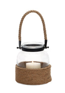 Metal Lantern With Rope Handle-Lanterns-Glass, Brown-Glass Iron And Jute-Textured-JadeMoghul Inc.