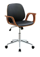 Metal & Wooden Office Arm Chair, Black & Walnut Brown-Desks and Hutches-Black & Brown-PU Wood Metal Gas Lift-JadeMoghul Inc.