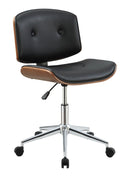 Metal & Wooden Office Armless Chair, Black & Walnut Brown-Desks and Hutches-Black & Brown-PU Wood Metal Gas Lift-JadeMoghul Inc.