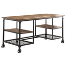 Metallic Writing Desk With Wooden Top And Shelves, Brown, Black-Desks and Hutches-Brown, Black-Wood Metal-JadeMoghul Inc.