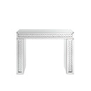 Mirror Accented Wood And Glass Vanity Desk With Faux Crystal Inlay, Silver-Bedroom Furniture-Mirrored, Silver-Mirror Glass Faux Crystals And Engineered Wood-JadeMoghul Inc.